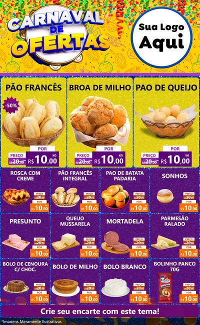 Modelo de Encarte para Encarte Grande com o tema Carnaval de Ofertas para Padaria