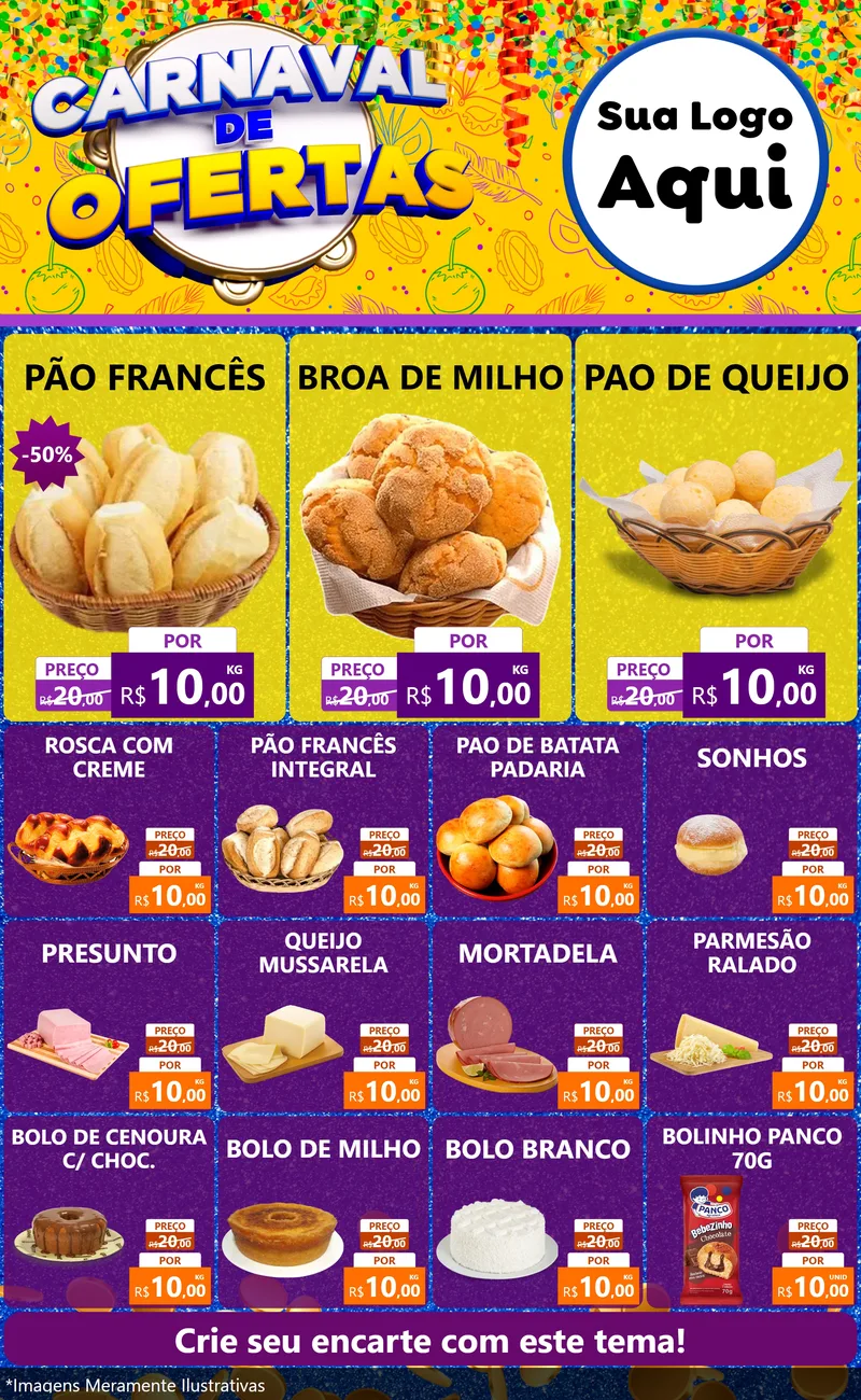 Modelo de Encarte para Encarte Grande com o tema Carnaval de Ofertas para Padaria