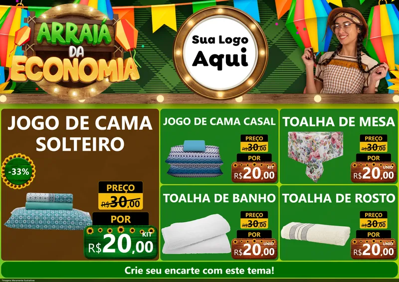 Modelo de Encarte para Encarte A4 Horizontal com o tema Arraiá de Economia para Cama, Mesa e Banho