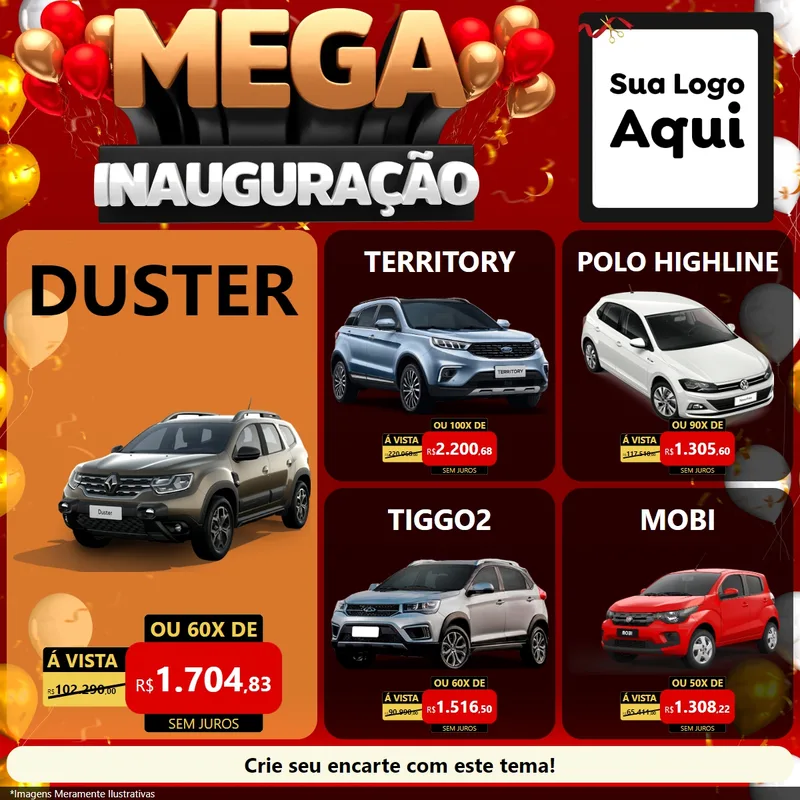 Modelo de Rede Social para Feed Facebook com o tema Mega Inauguração para Concessionaria de Carros