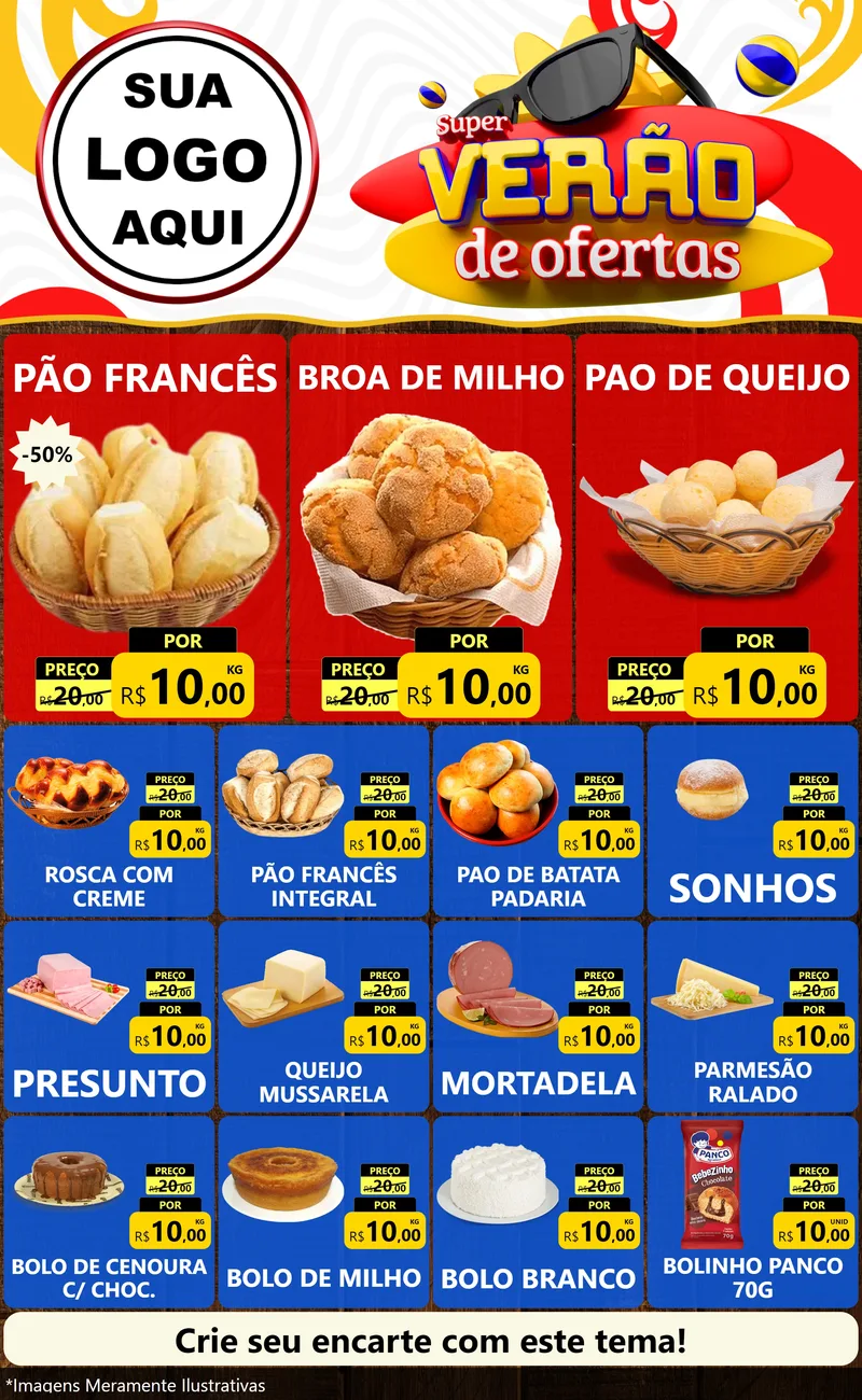 Modelo de Encarte para Encarte Grande com o tema Super Verão de Ofertas para Padaria