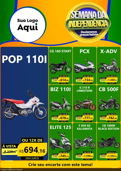 Modelo de Encarte para Encarte A4 Vertical com o tema Semana da Independência Declaramos Preços Baixos para Concessionaria de Motos