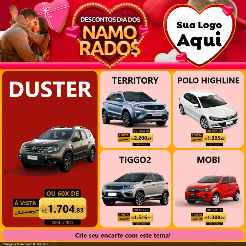 Modelo de Rede Social para Feed Facebook com o tema Descontos Dia dos Namorados para Concessionaria de Carros