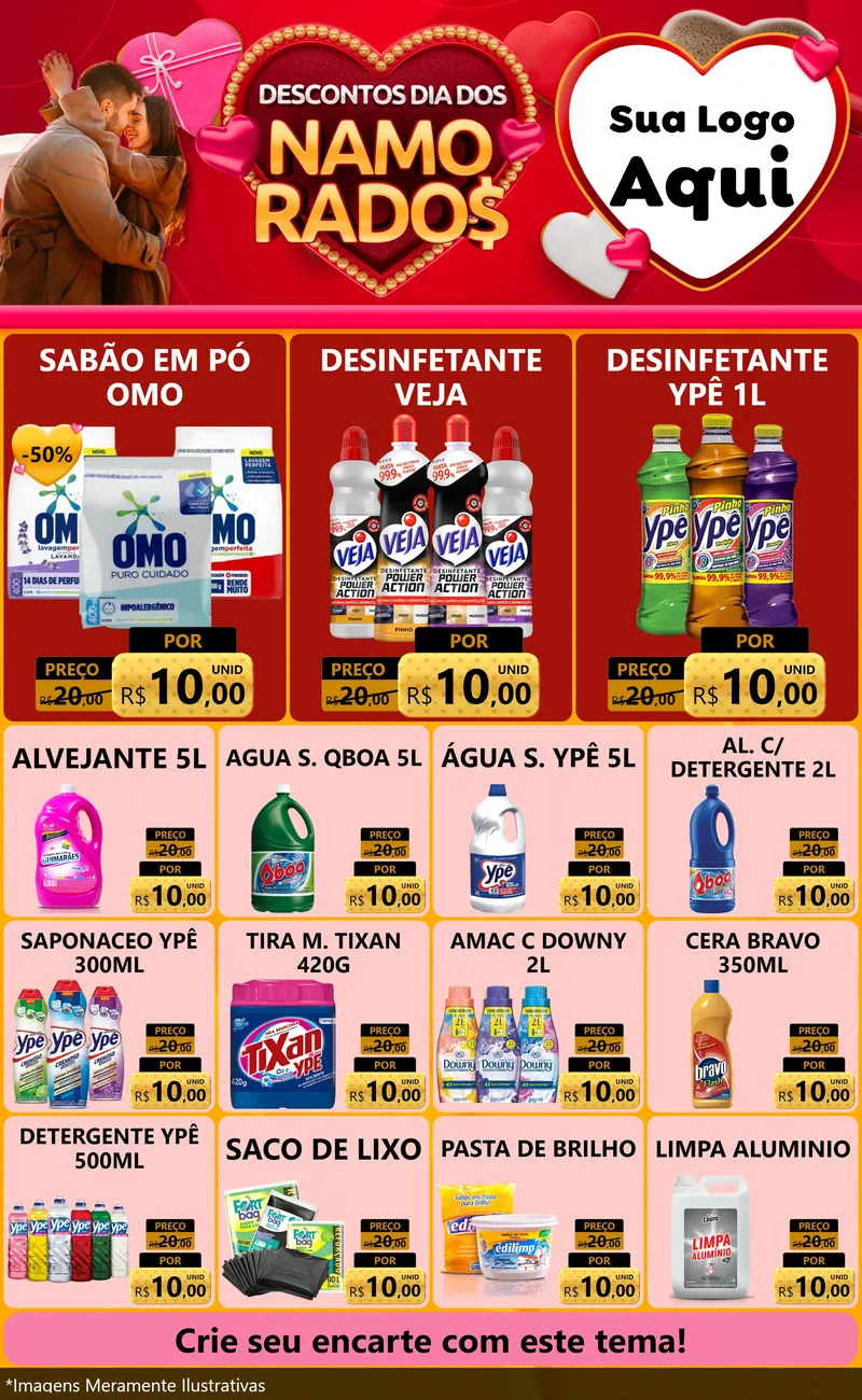 Modelo de Encarte para Encarte Grande com o tema Descontos Dia dos Namorados para Produtos de Limpeza