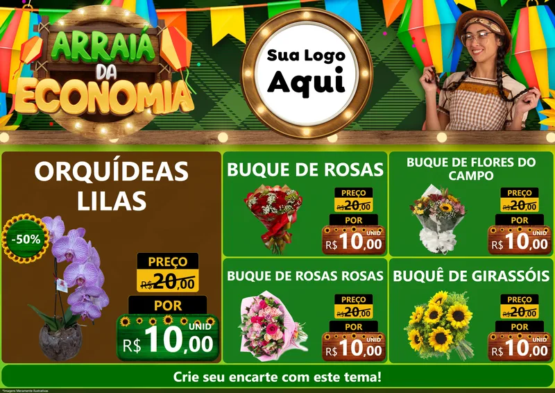 Modelo de Encarte para Encarte A4 Horizontal com o tema Arraiá de Economia para Floricultura e jardim