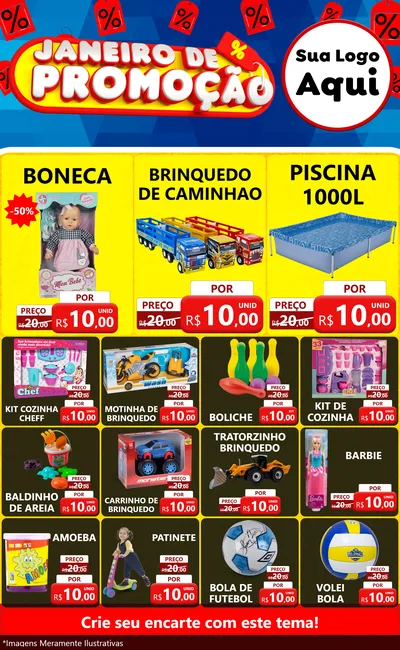 Modelo de Encarte para Encarte Grande com o tema Janeiro de Promoção para Brinquedos