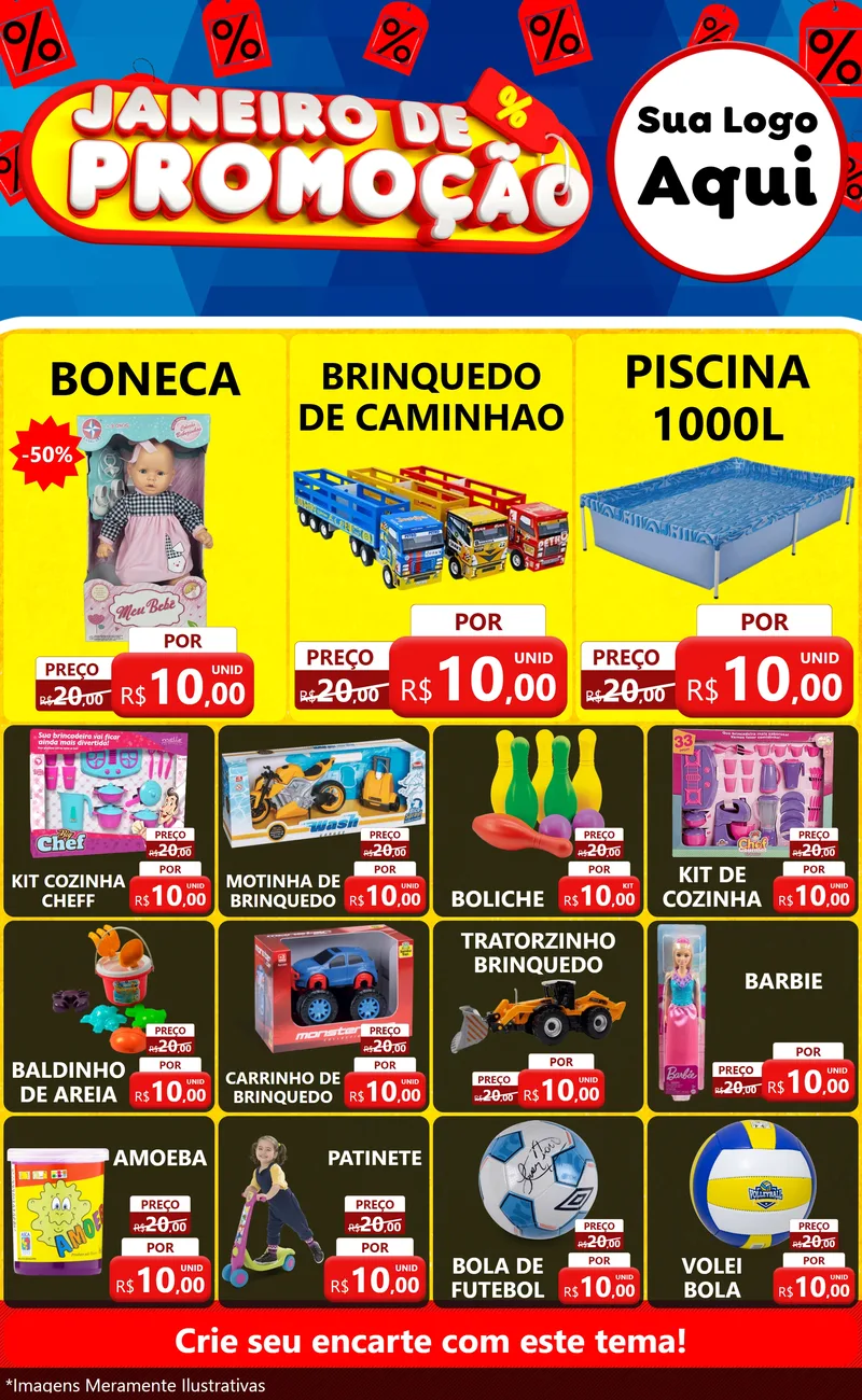 Modelo de Encarte para Encarte Grande com o tema Janeiro de Promoção para Brinquedos