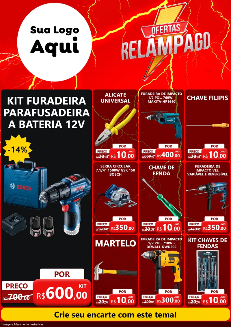 Modelo de Encarte para Encarte A4 Vertical com o tema Ofertas Relâmpago para Maquinas e Ferramentas