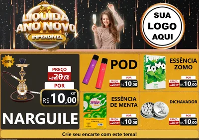 Modelo de Encarte para Encarte A4 Horizontal com o tema Liquida Ano Novo Imperdível para Tabacaria