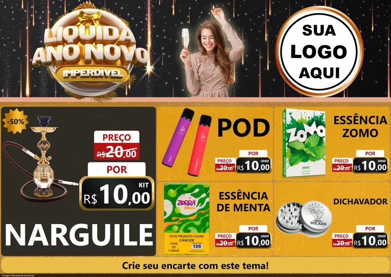Modelo de Encarte para Encarte A4 Horizontal com o tema Liquida Ano Novo Imperdível para Tabacaria