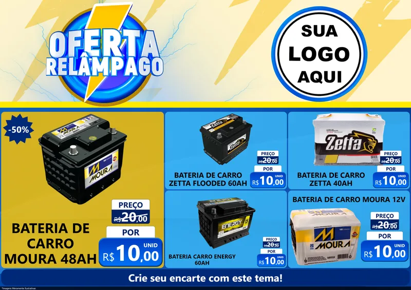 Modelo de Encarte para Encarte A4 Horizontal com o tema Oferta Relâmpago para Baterias Elétricas