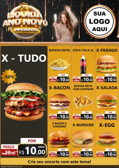 Modelo de Encarte para Encarte A4 Vertical com o tema Liquida Ano Novo Imperdível para Hamburgueria