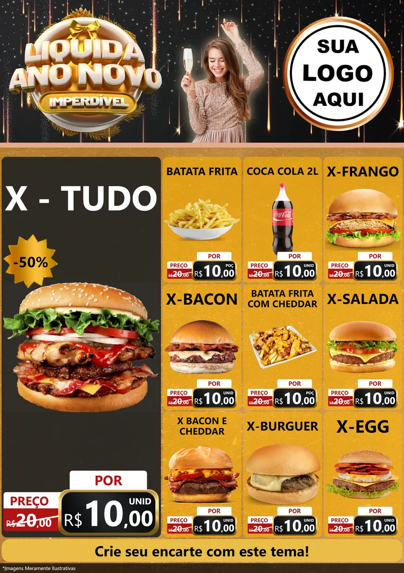 Modelo de Encarte para Encarte A4 Vertical com o tema Liquida Ano Novo Imperdível para Hamburgueria