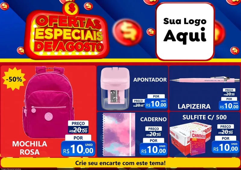 Modelo de Encarte para Encarte A4 Horizontal com o tema Ofertas Especiais de Agosto para Papelaria