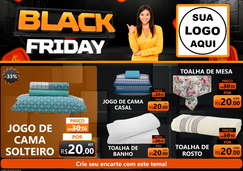 Modelo de Encarte para Encarte A4 Horizontal com o tema Black Friday para Cama, Mesa e Banho