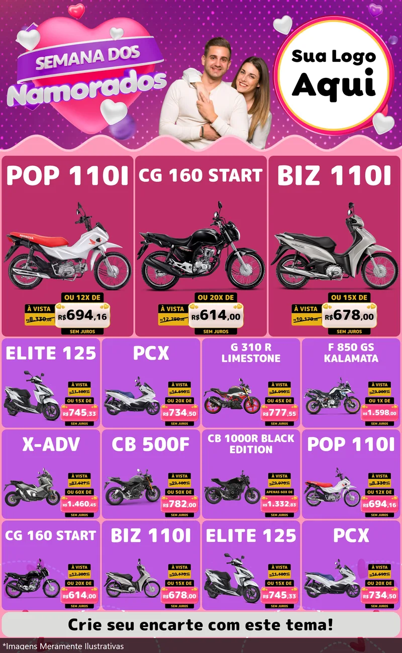 Modelo de Encarte para Encarte Grande com o tema Semana dos Namorados para Concessionaria de Motos