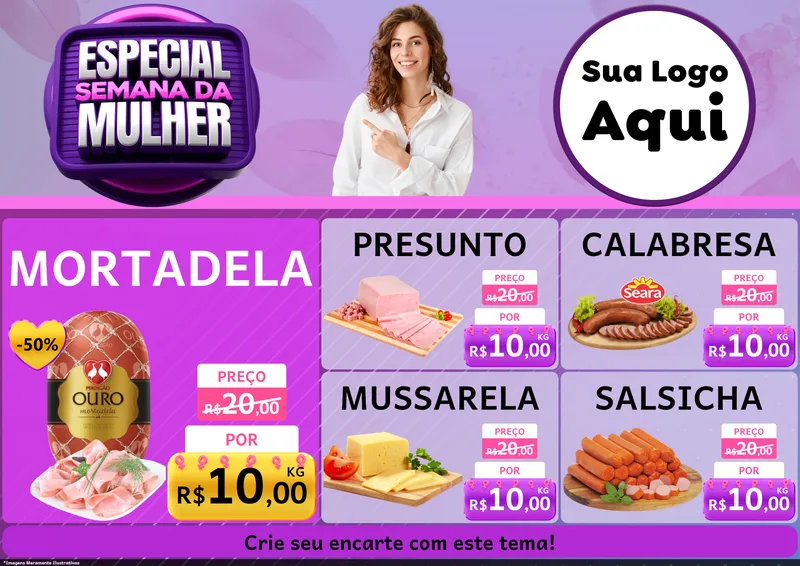 Modelo de Encarte para Encarte A4 Horizontal com o tema Especial Semana da Mulher para Frios e Laticínios