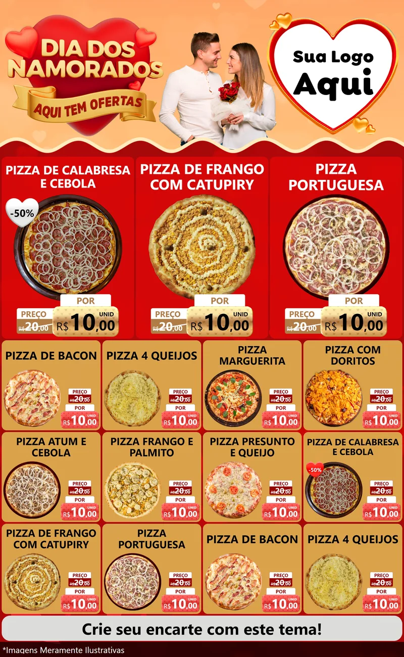 Modelo de Encarte para Encarte Grande com o tema Dia dos Namorados - Aqui Tem Ofertas para Pizzaria