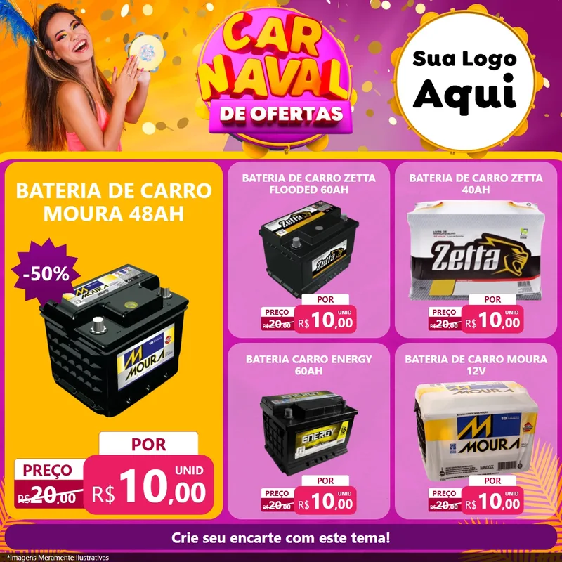 Modelo de Rede Social para Feed Facebook com o tema Carnaval de Ofertas para Baterias Elétricas