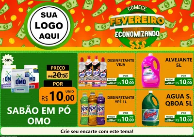Modelo de Encarte para Encarte A4 Horizontal com o tema Comece Fevereiro Economizando para Produtos de Limpeza