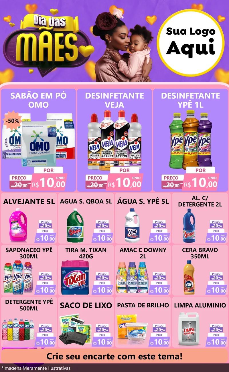 Modelo de Encarte para Encarte Grande com o tema Dia das Mães para Produtos de Limpeza