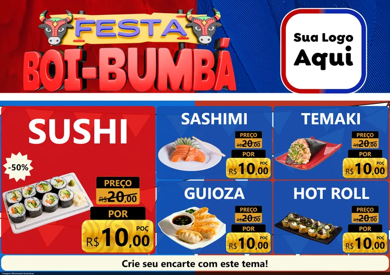 Modelo de Encarte para Encarte A4 Horizontal com o tema Festa Boi Bumbá para Comida japonesa