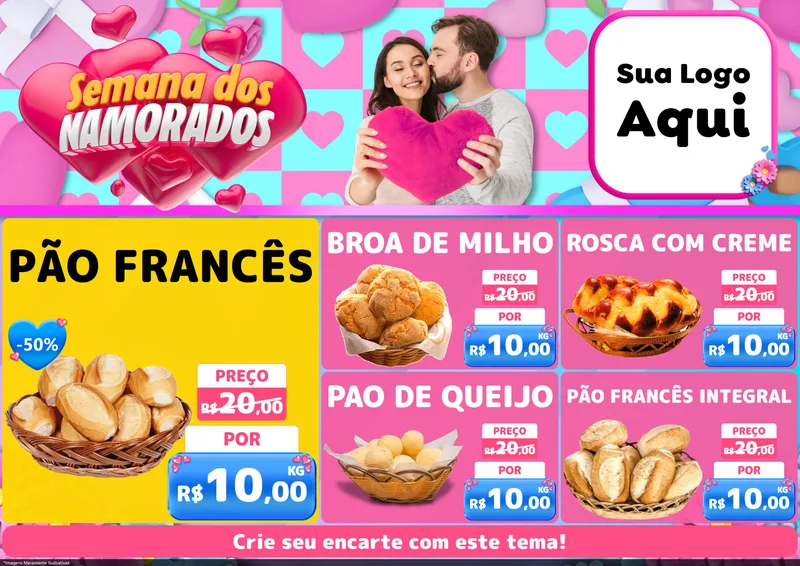 Modelo de Encarte para Encarte A4 Horizontal com o tema Semana dos Namorados para Padaria