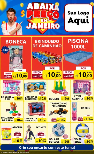 Modelo de Encarte para Encarte Grande com o tema Abaixa Preço em Janeiro para Brinquedos