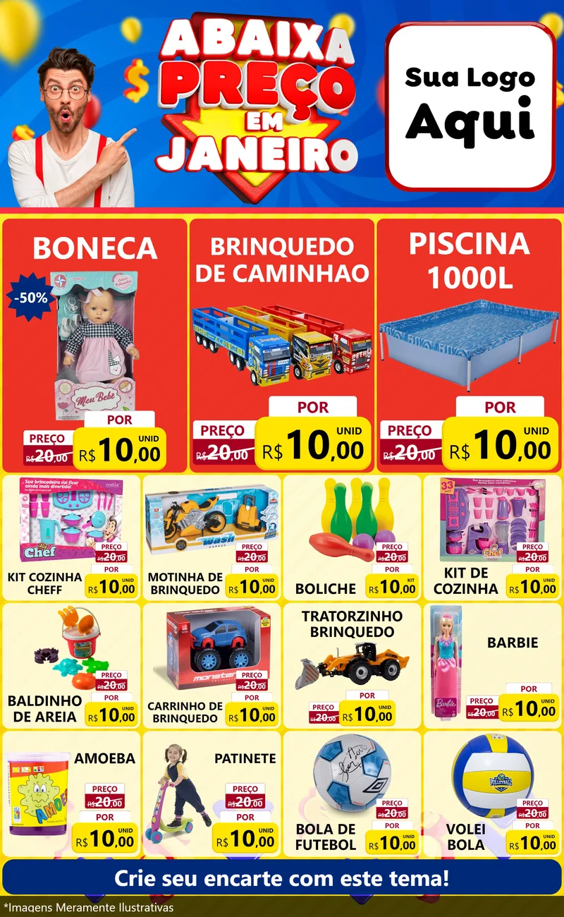 Modelo de Encarte para Encarte Grande com o tema Abaixa Preço em Janeiro para Brinquedos
