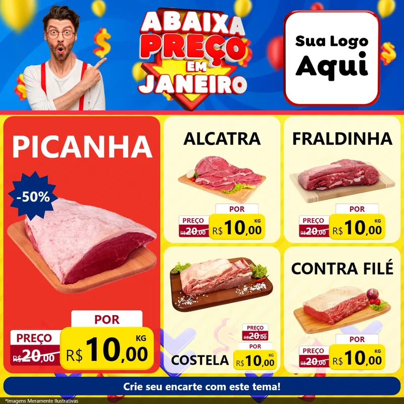Modelo de Rede Social para Feed Facebook com o tema Abaixa Preço em Janeiro para Açougue