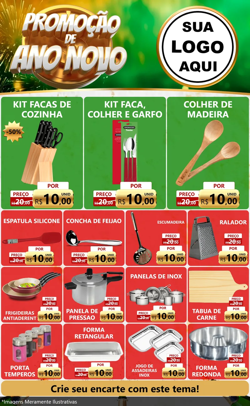 Modelo de Encarte para Encarte Grande com o tema Promoção de Ano Novo para Utilidades Domésticas
