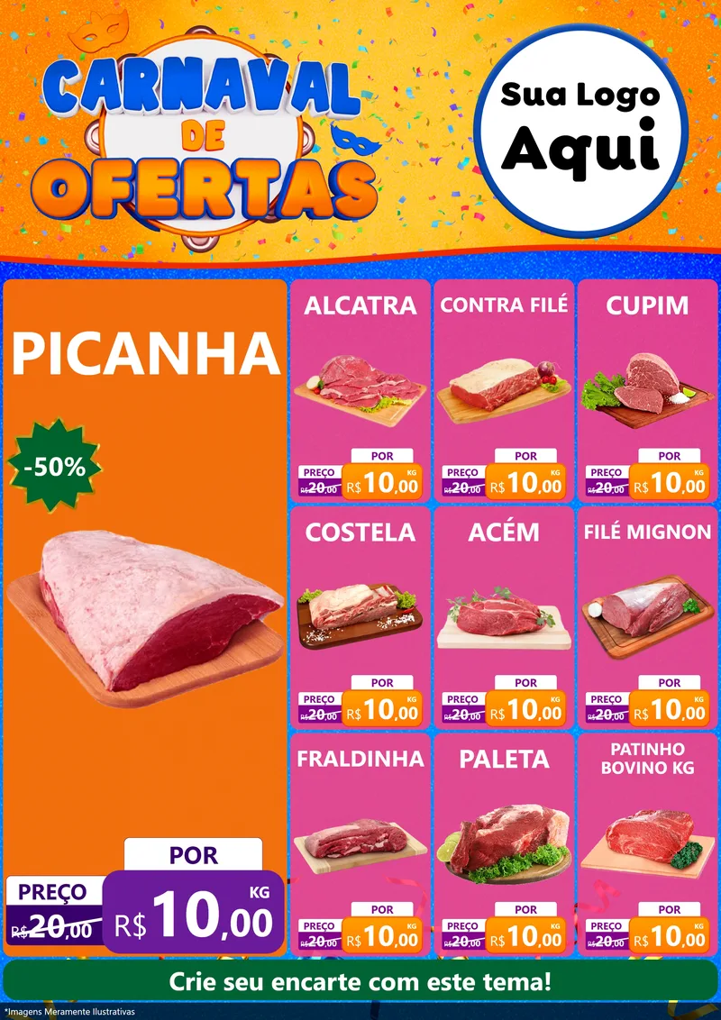 Modelo de Encarte para Encarte A4 Vertical com o tema Carnaval de Ofertas para Açougue
