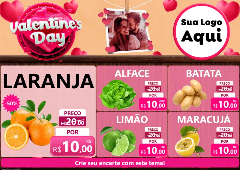 Modelo de Encarte para Encarte A4 Horizontal com o tema Valentine's Day para Hortifrúti