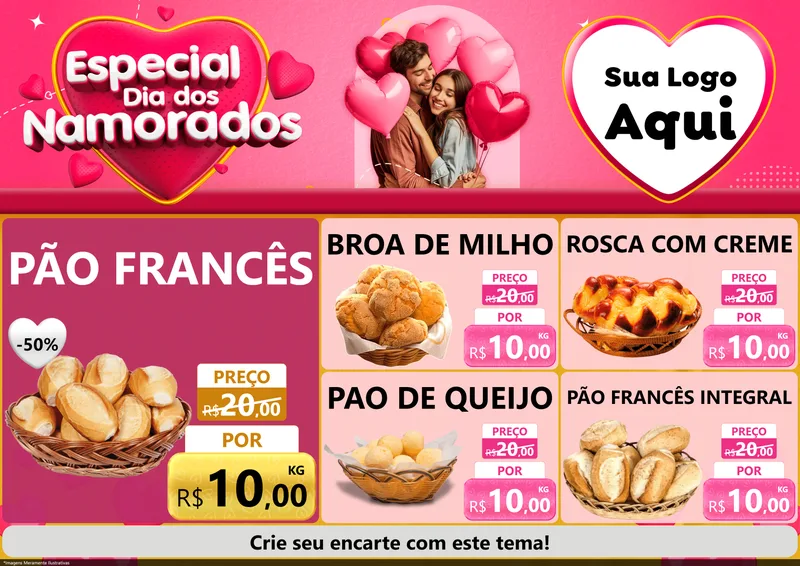 Modelo de Encarte para Encarte A4 Horizontal com o tema Especial Dia dos Namorados para Padaria