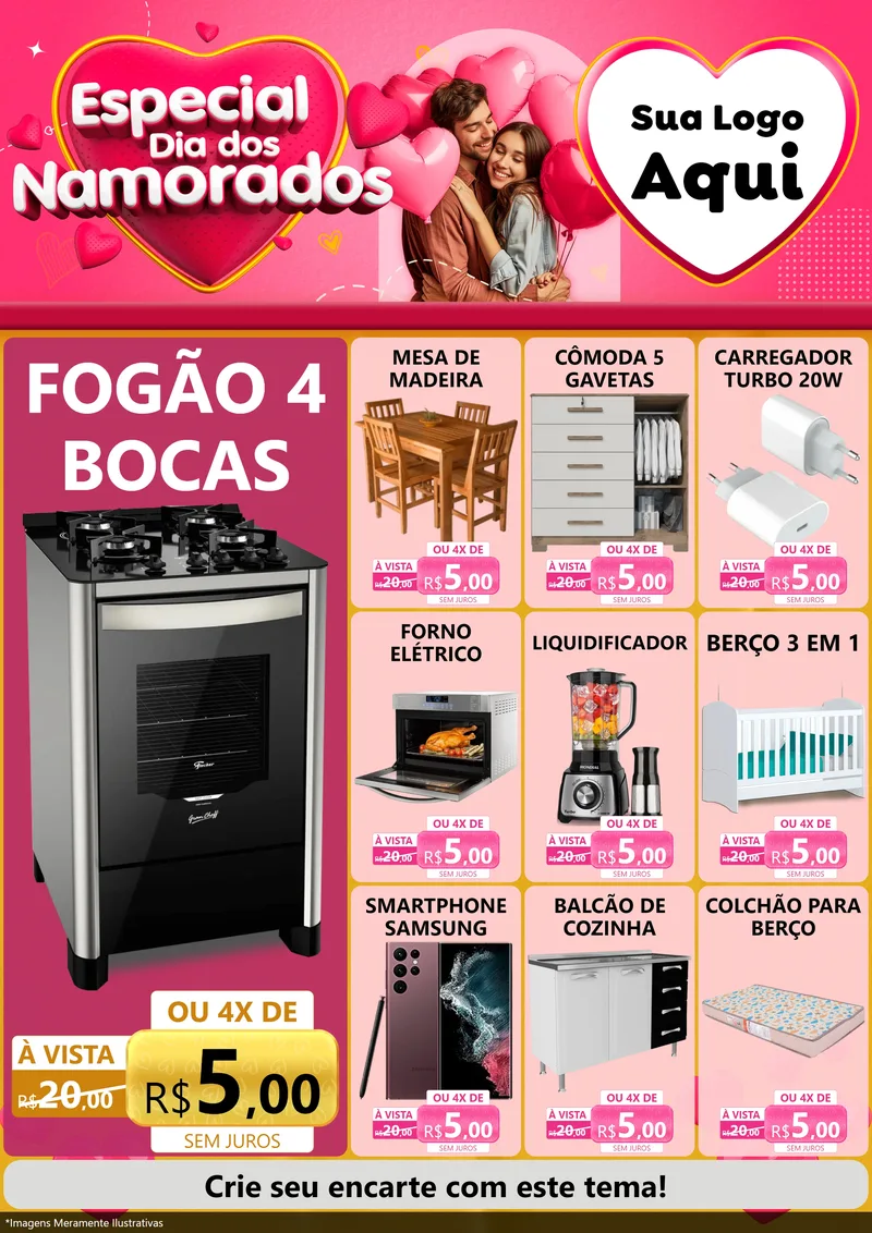 Modelo de Encarte para Encarte A4 Vertical com o tema Especial Dia dos Namorados para Móveis e Eletro