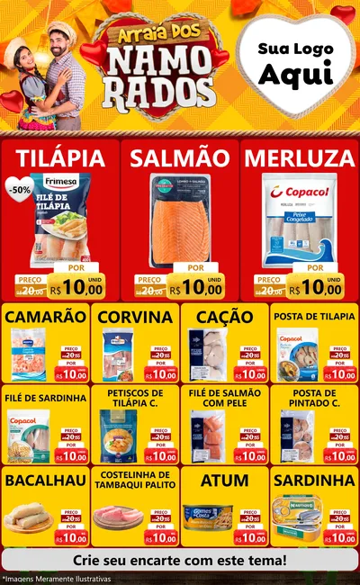 Modelo de Encarte para Encarte Grande com o tema Arraiá dos Namorados para Peixaria