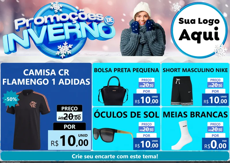 Modelo de Encarte para Encarte A4 Horizontal com o tema Promoções de Inverno para Roupas e acessórios