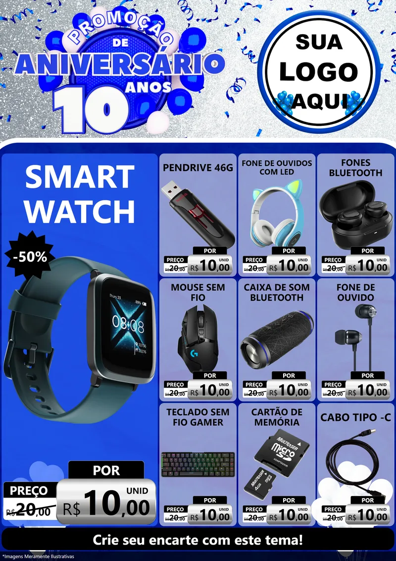 Modelo de Encarte para Encarte A4 Vertical com o tema Promoção de Aniversário - 10 Anos para Informática
