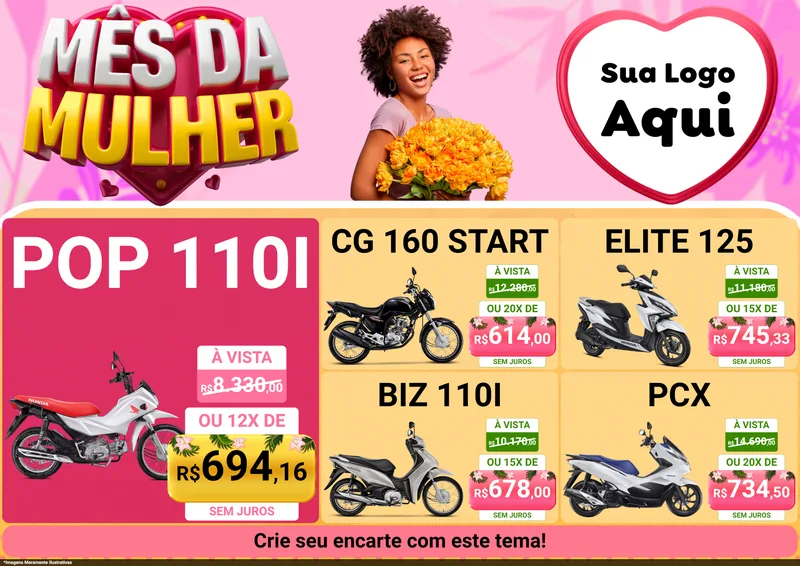 Modelo de Encarte para Encarte A4 Horizontal com o tema Mês da Mulher para Concessionaria de Motos