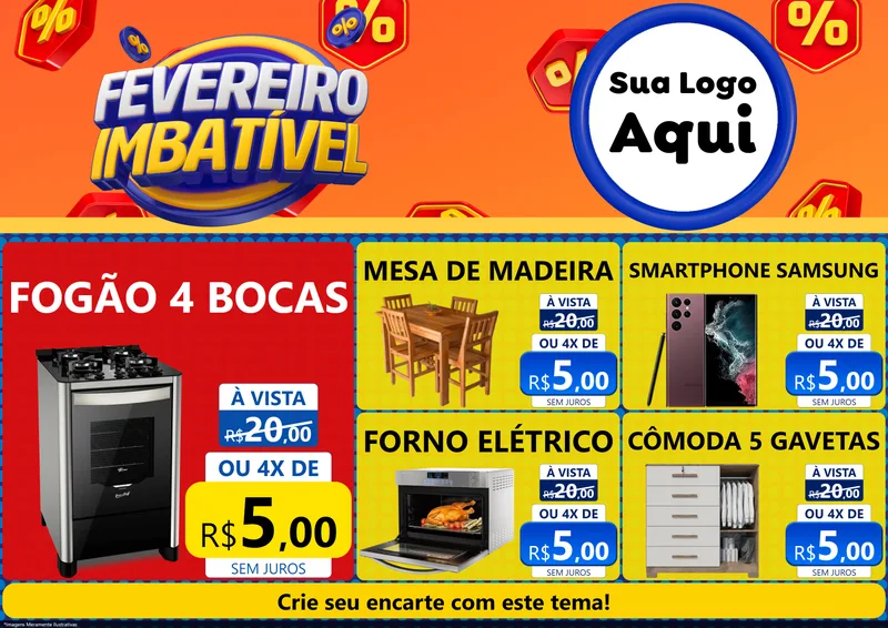 Modelo de Encarte para Encarte A4 Horizontal com o tema Fevereiro Imbatível para Móveis e Eletro
