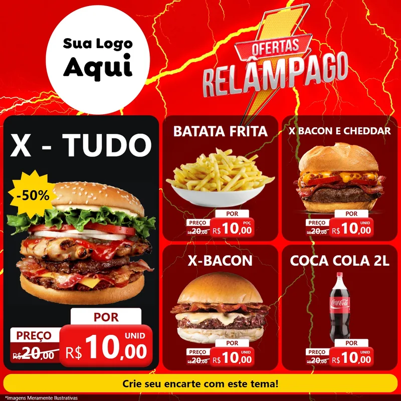 Modelo de Rede Social para Feed Facebook com o tema Ofertas Relâmpago para Hamburgueria