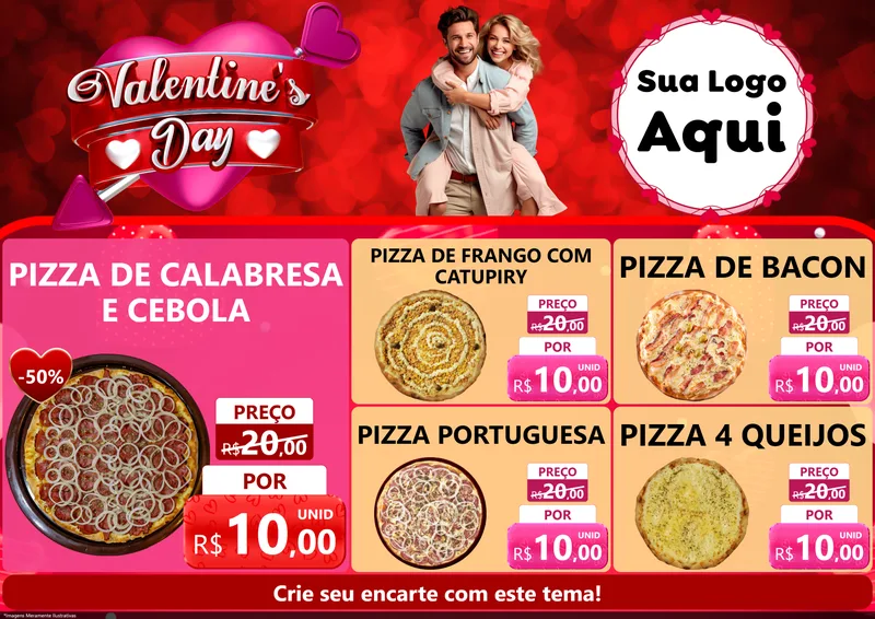 Modelo de Encarte para Encarte A4 Horizontal com o tema Valentine's Day para Pizzaria