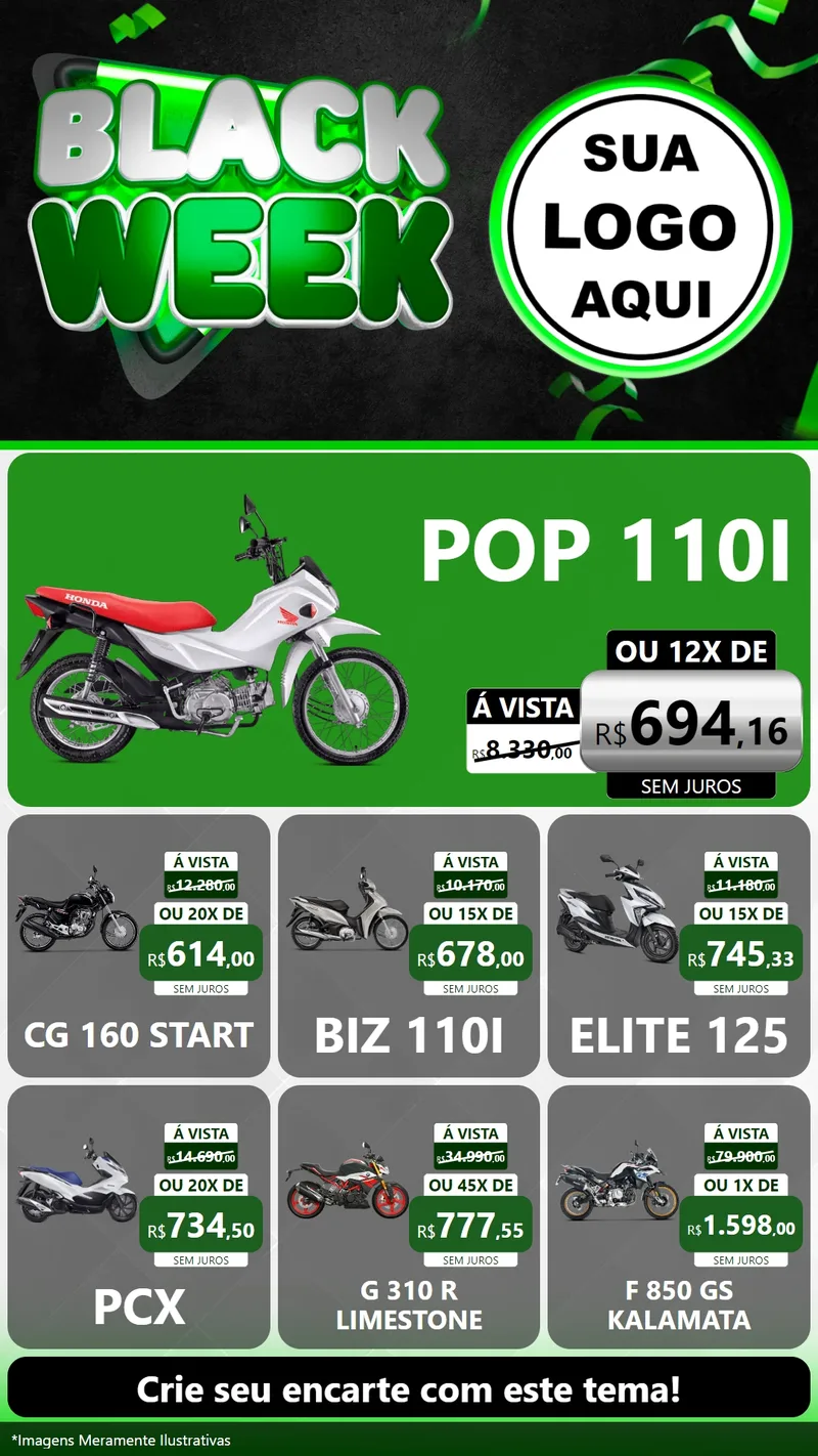 Modelo de Rede Social para Stories com o tema Black Week para Concessionaria de Motos