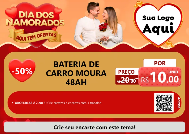 Modelo de Cartaz para Cartaz A4 Horizontal com o tema Dia dos Namorados - Aqui Tem Ofertas para Baterias Elétricas