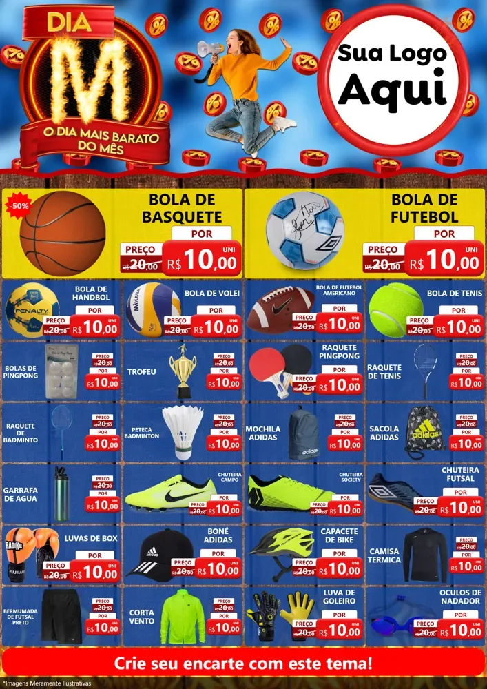 Modelo de Encarte para Encarte A4 Vertical com o tema Dia M - O Dia Mais Barato Do Mês para Artigos Esportivos