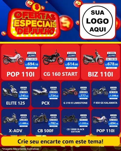 Modelo de Rede Social para Feed Instagram com o tema Ofertas Especiais de Julho para Concessionaria de Motos