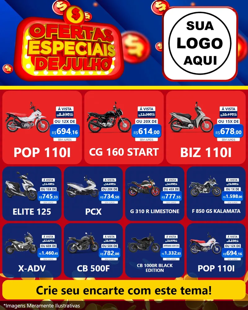 Modelo de Rede Social para Feed Instagram com o tema Ofertas Especiais de Julho para Concessionaria de Motos