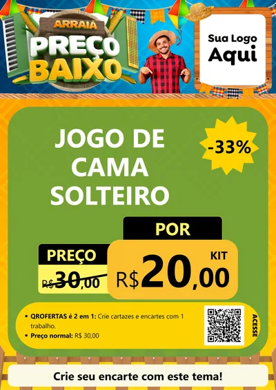 Modelo de Cartaz para Cartaz A4 Vertical com o tema Arraiá de Preço Baixo - Junina para Cama, Mesa e Banho