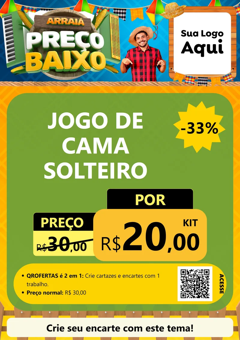 Modelo de Cartaz para Cartaz A4 Vertical com o tema Arraiá de Preço Baixo - Junina para Cama, Mesa e Banho