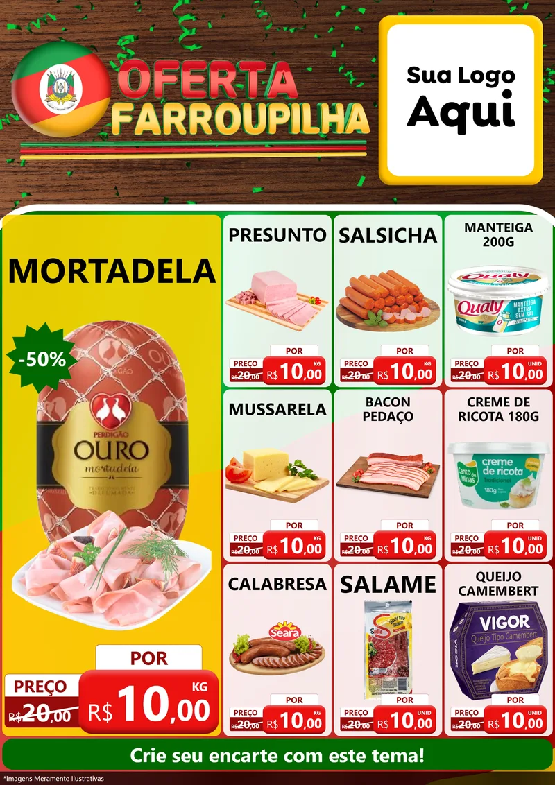 Modelo de Encarte para Encarte A4 Vertical com o tema Oferta Farroupilha para Frios e Laticínios